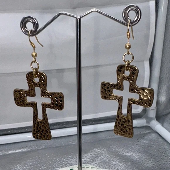 Hammered Gold Cross Earrings - Picture 1 of 3